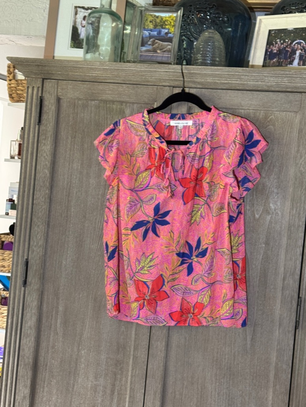 Rose & Olive Pink Tropical Tie-Neck Ruffle Blouse